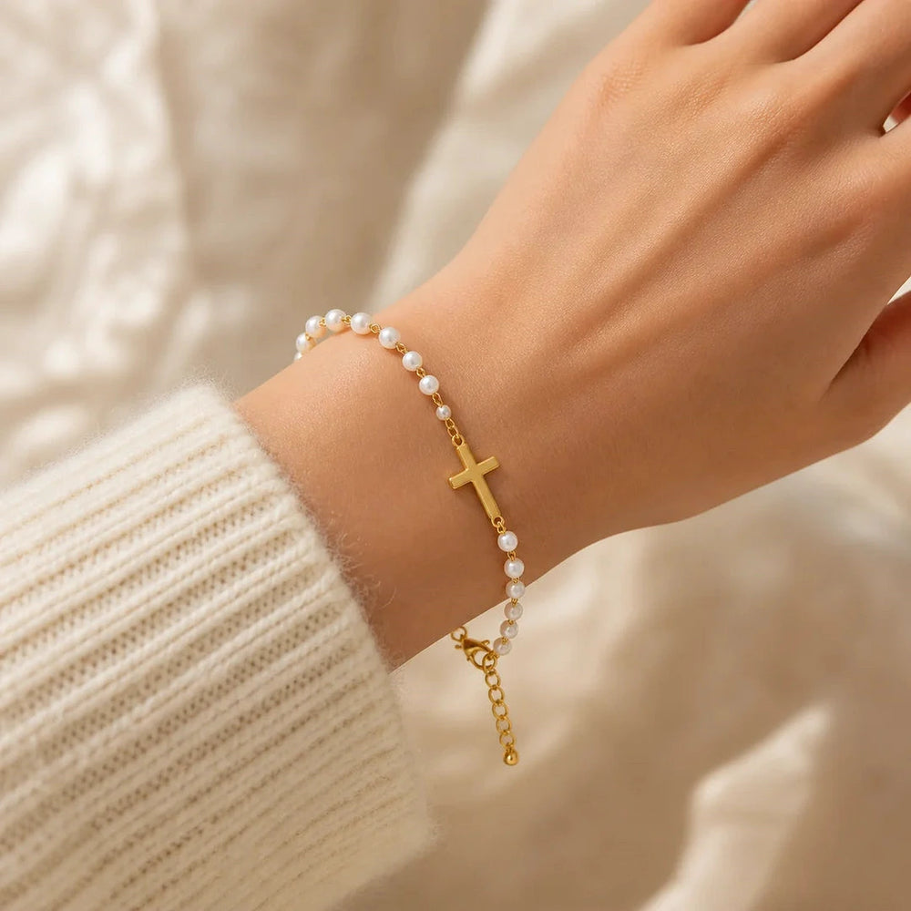 Pearl Cross of Grace Bracelet, worn and styled