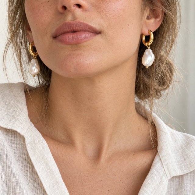 Faux Pearl Drop Earrings worn