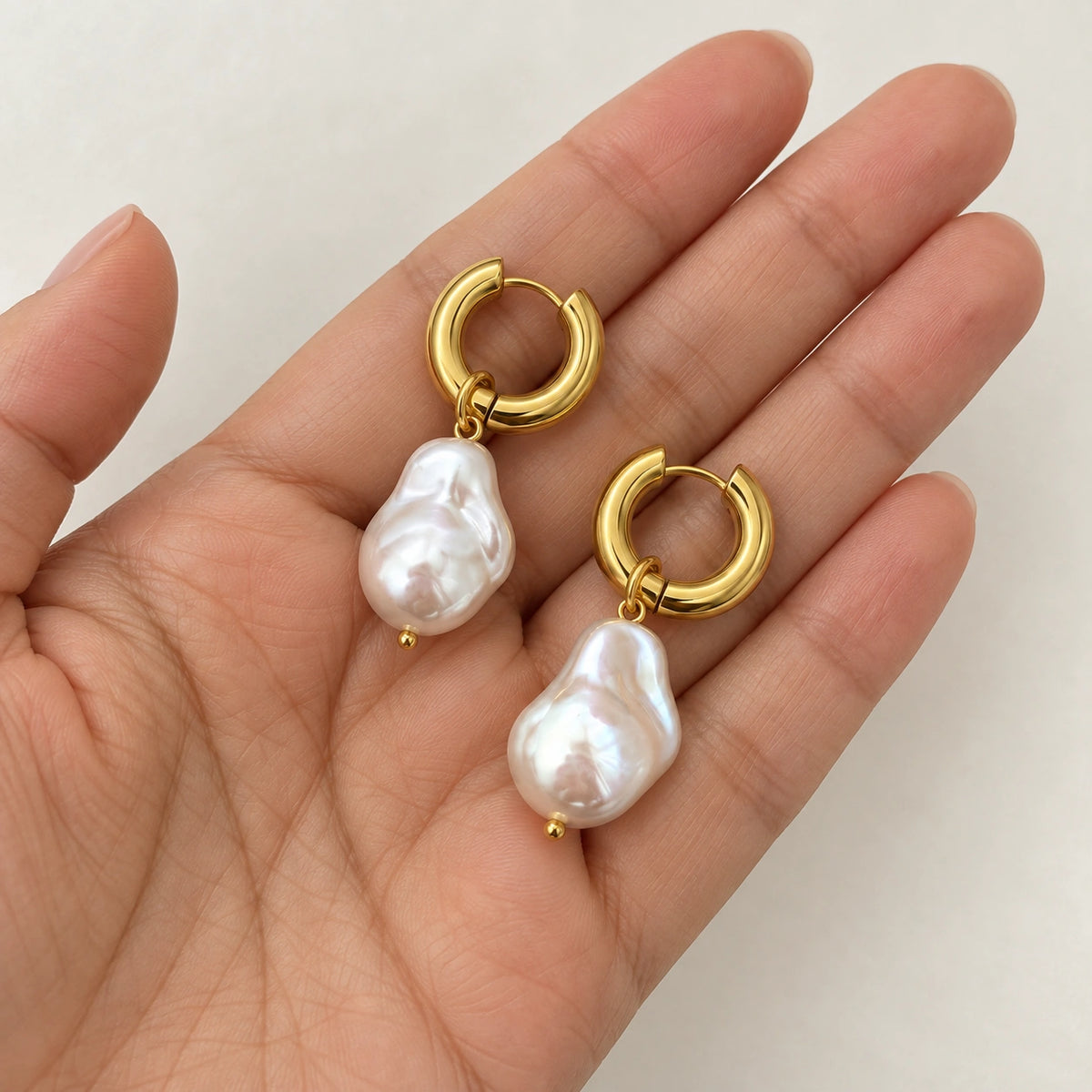 Amada Faux Pearl Drop Earrings shown up close for a sense of its real size.