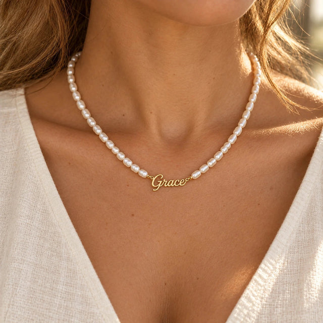 Faux Pearl Name Necklace worn
