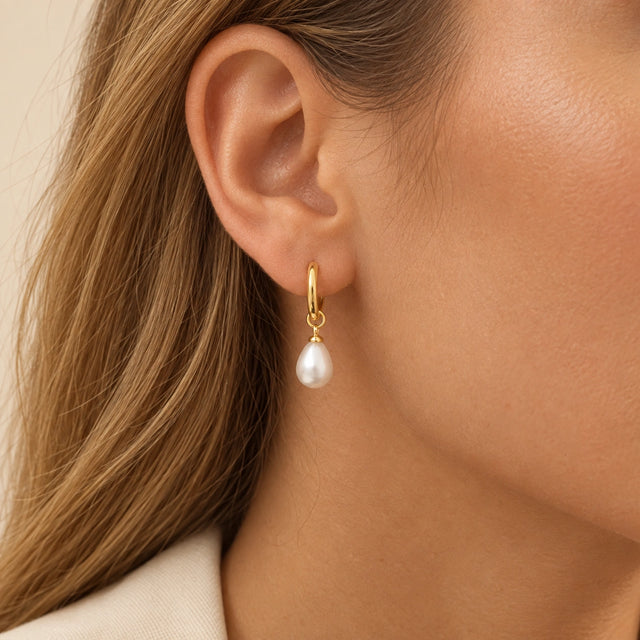 Petite Faux Pearl Huggie Earrings worn