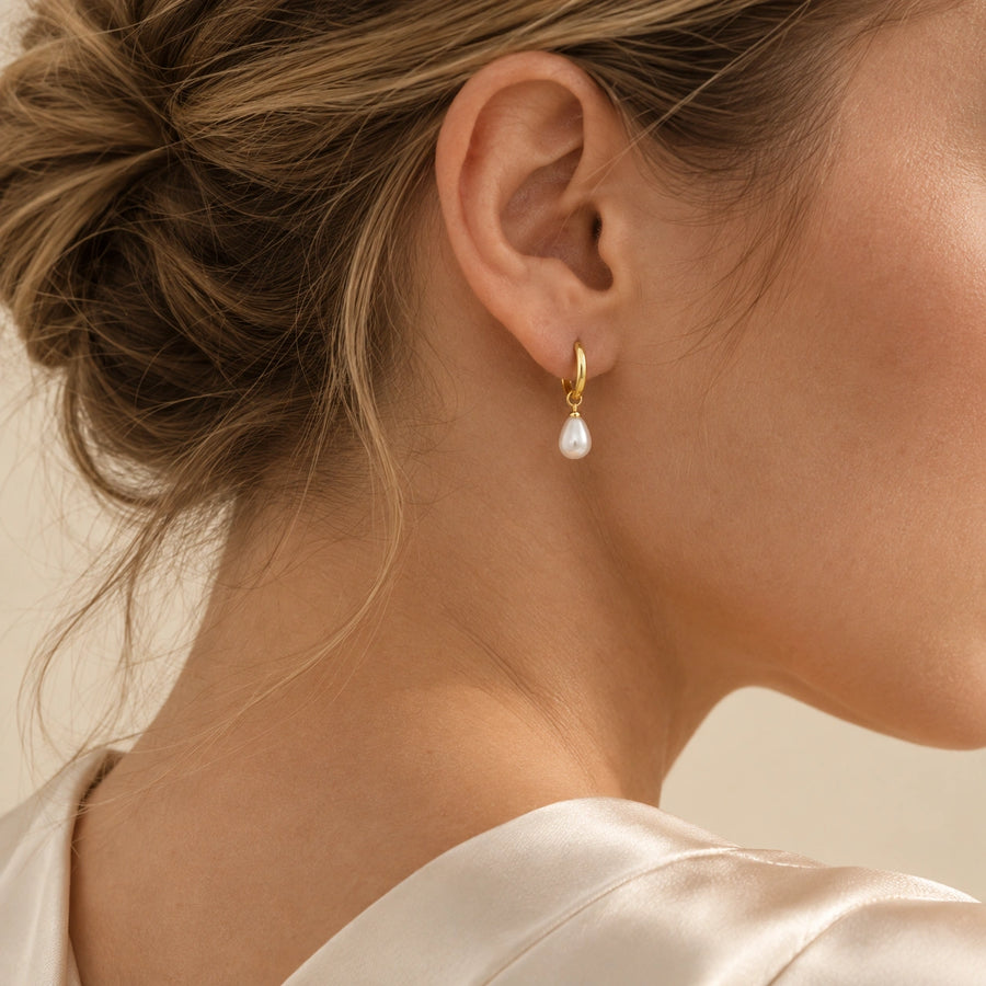 Petite Faux Pearl Huggie Earrings styled with other pieces
