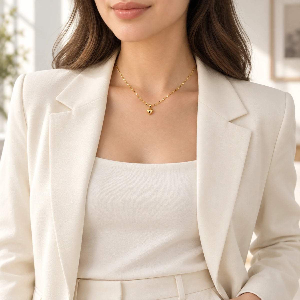 Amada Puffy Heart Necklace worn by a woman, shown from another angle.