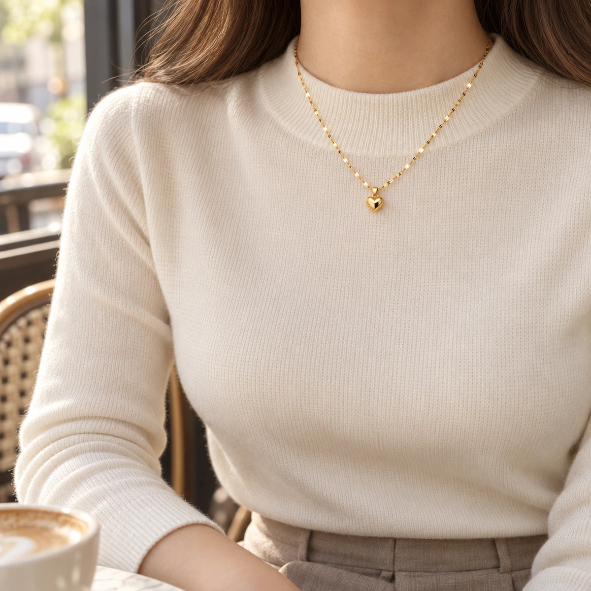 Amada Puffy Heart Necklace worn by a woman, shown from another angle.