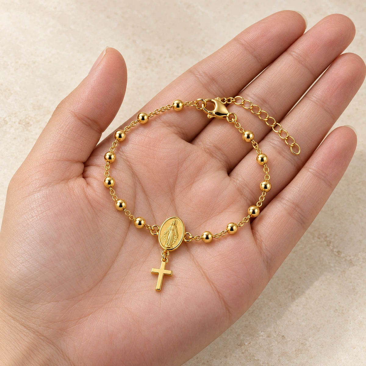 Rosary Bracelet held in hand, showing its true scale