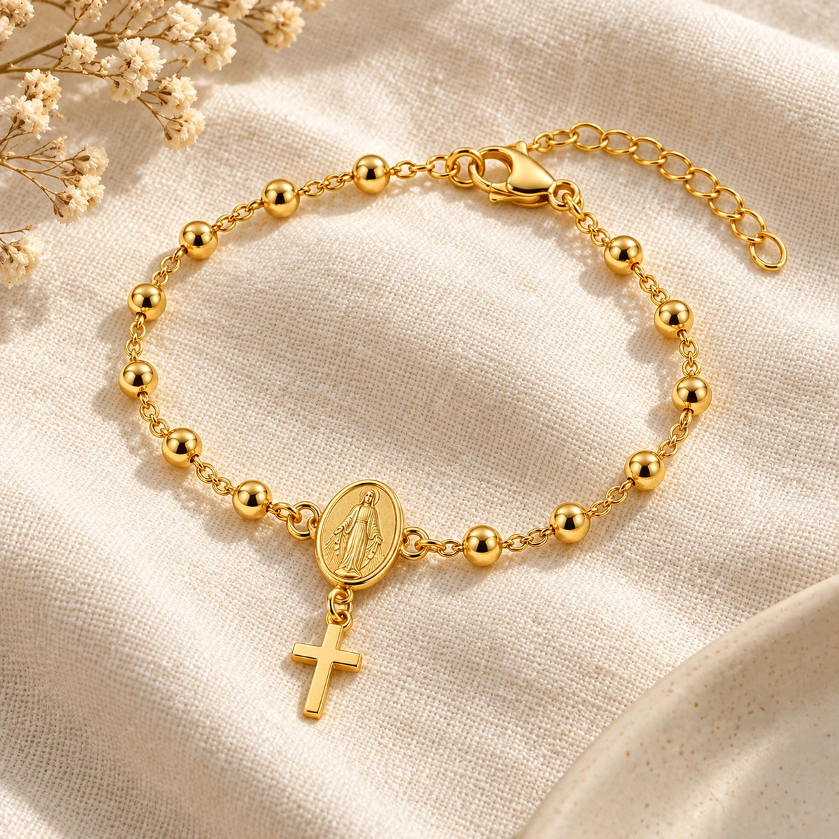Rosary Bracelet laid flat on linen