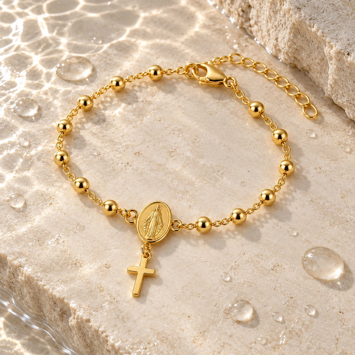 Rosary Bracelet with water droplets on stone