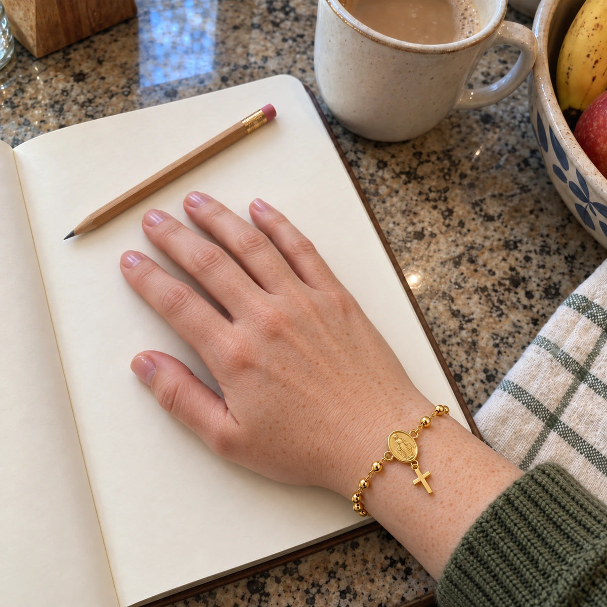 Rosary Bracelet worn, first-person view