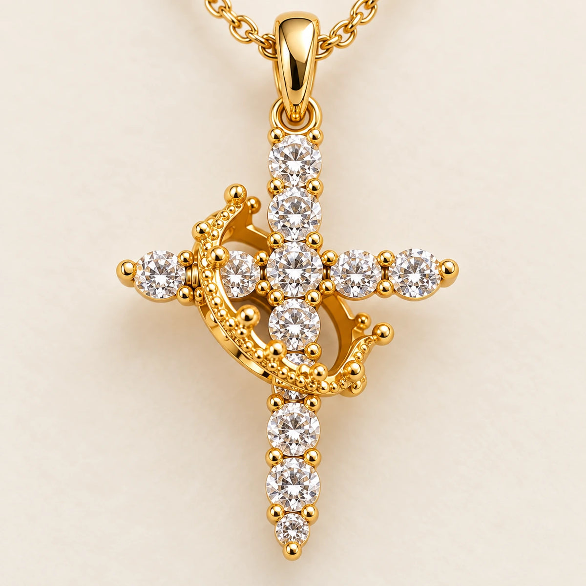 Close detail of Rotating Crown Cross Necklace