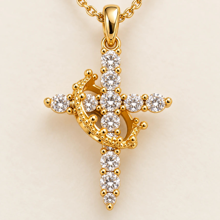 Close detail of Rotating Crown Cross Necklace