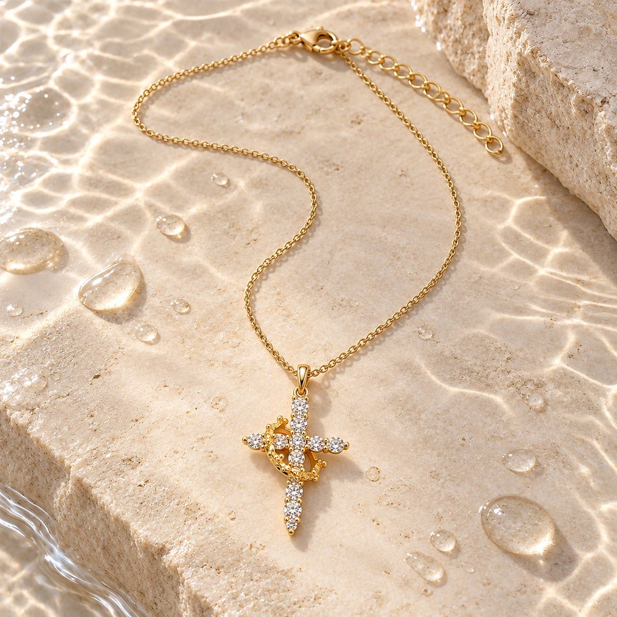 Rotating Crown Cross Necklace with water droplets on stone
