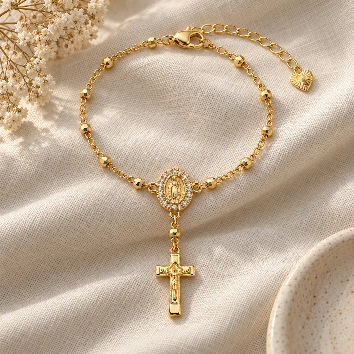 Sacred Rosary Bracelet laid flat on linen