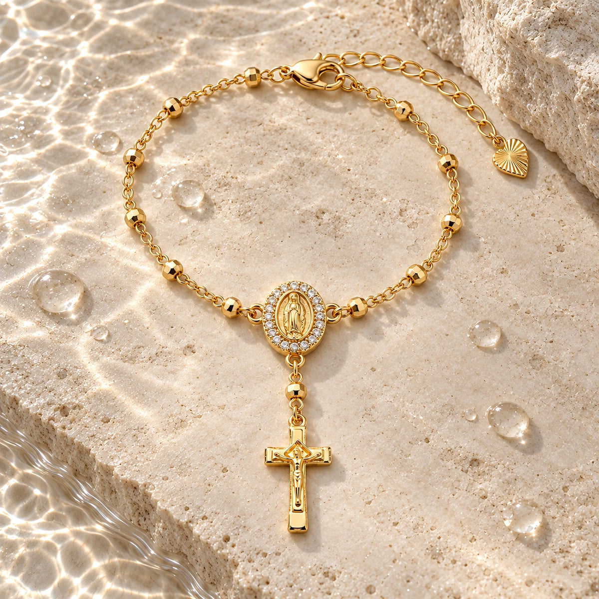 Sacred Rosary Bracelet with water droplets on stone