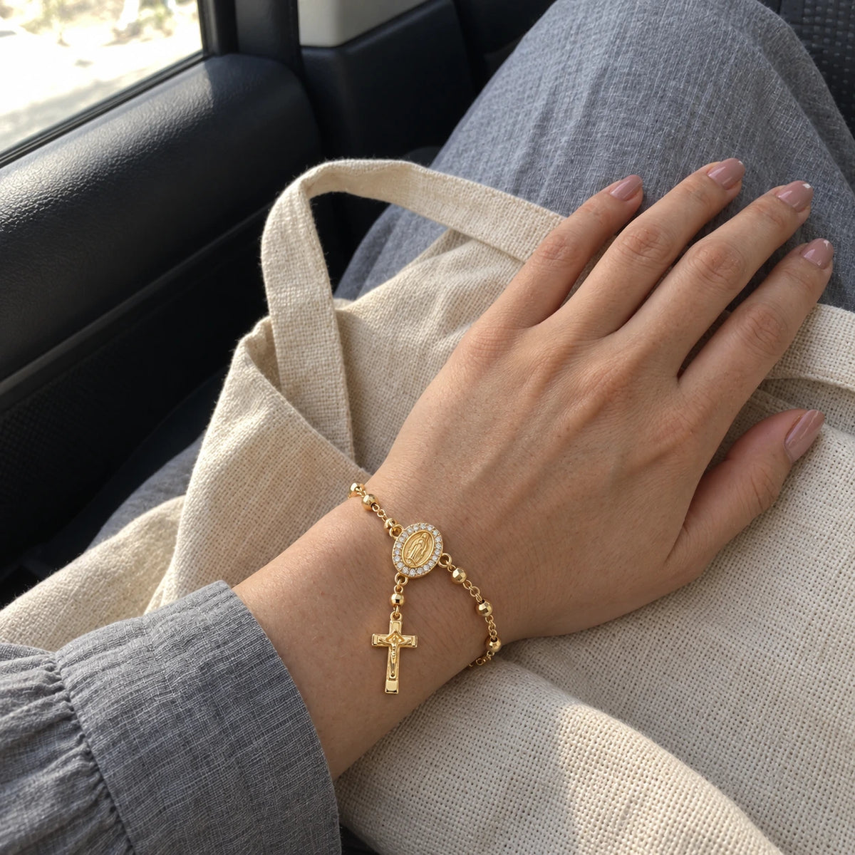 Sacred Rosary Bracelet worn, first-person view