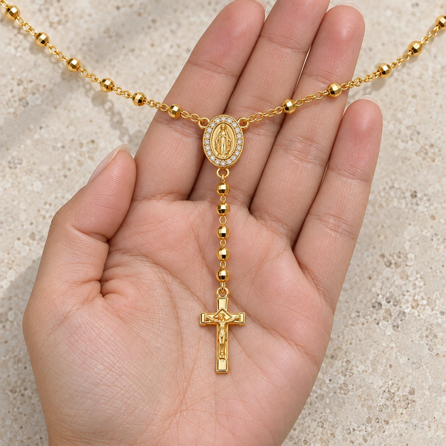 Sacred Rosary Necklace shown for scale