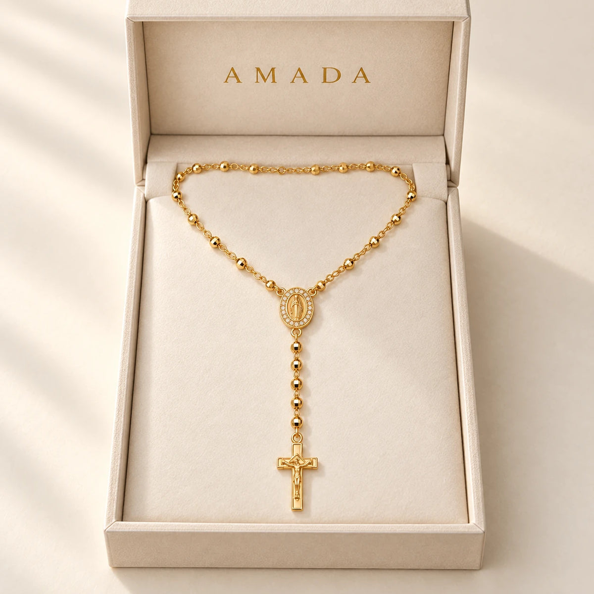 Sacred Rosary Necklace presented in an Amada box