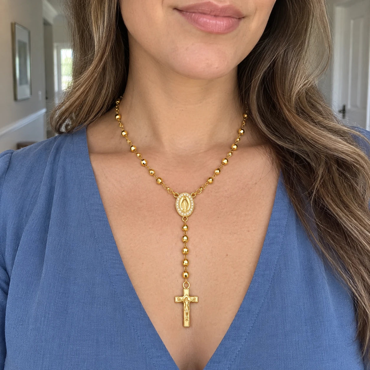 Sacred Rosary Necklace worn in everyday life
