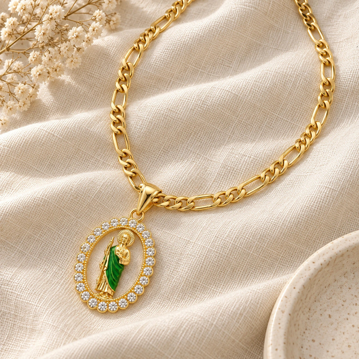 Saint Jude Medallion Necklace laid flat on linen