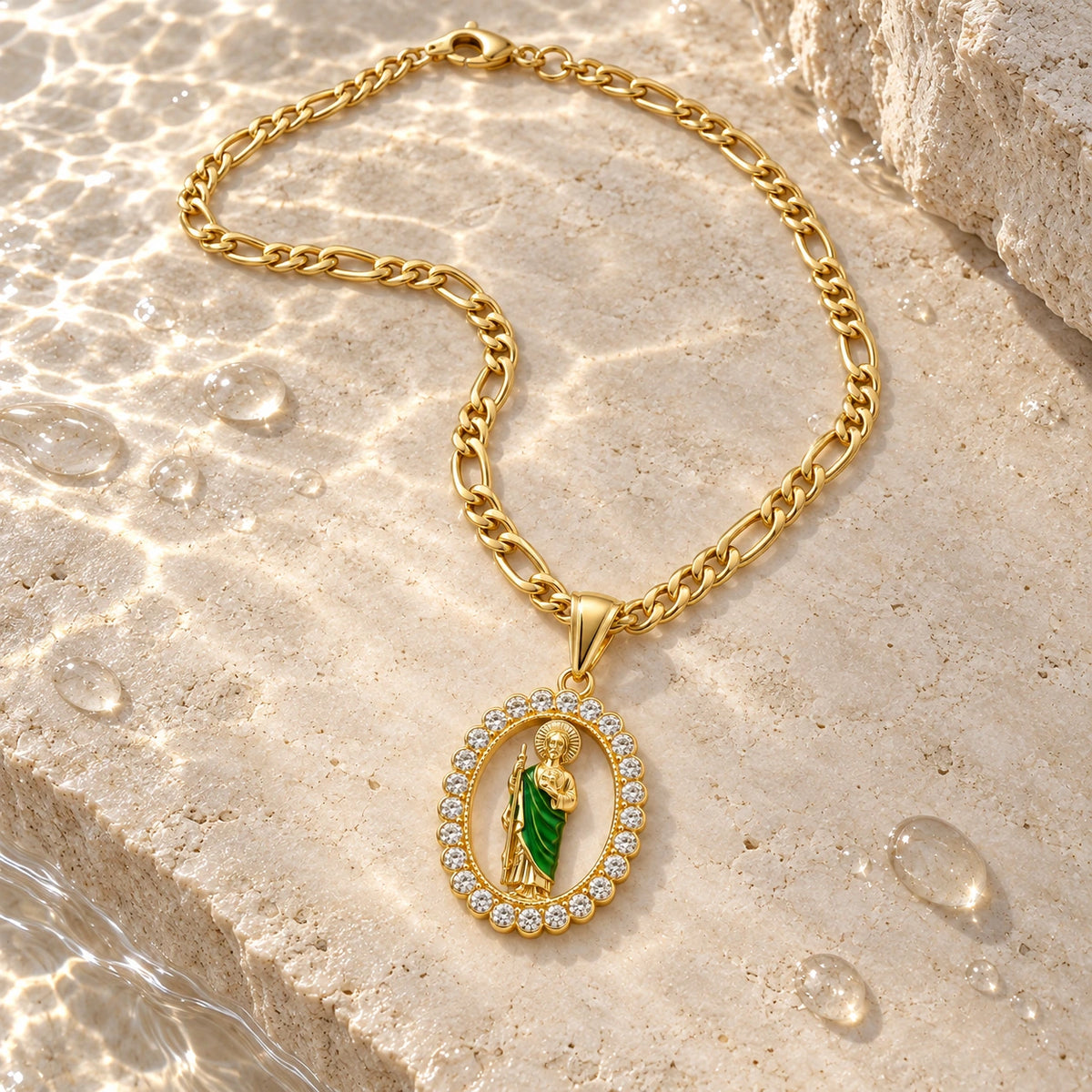 Saint Jude Medallion Necklace with water droplets on stone