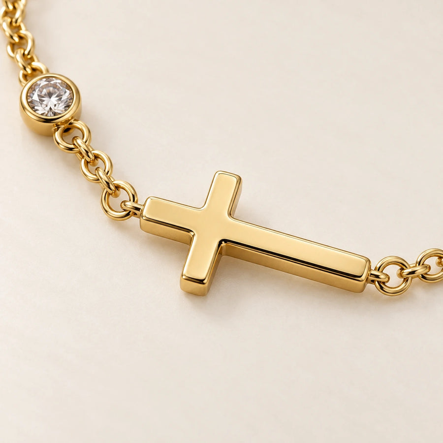 Close detail of Sideways Cross Bracelet