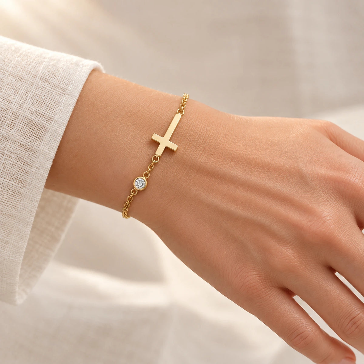 Sideways Cross Bracelet worn, seen from another angle