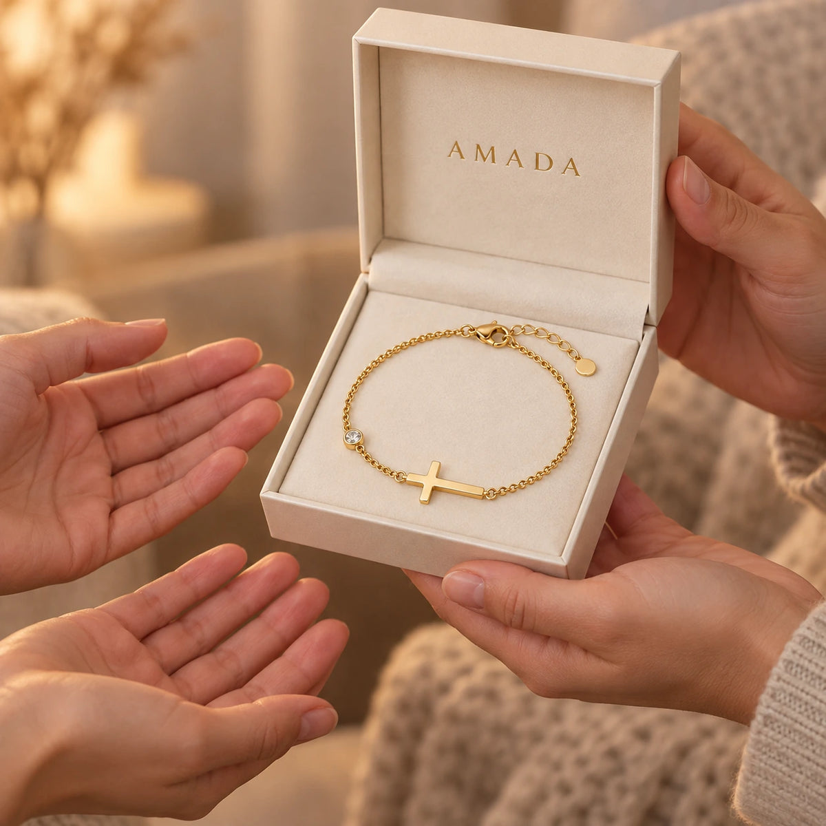 Sideways Cross Bracelet presented in an Amada box