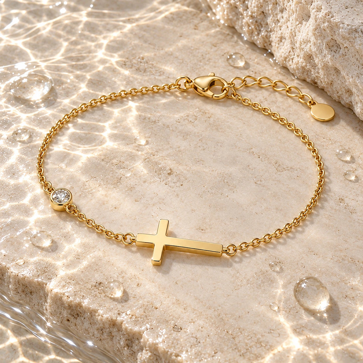Sideways Cross Bracelet with water droplets on stone