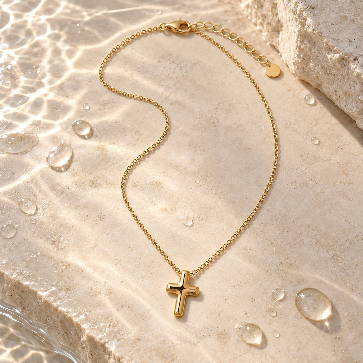 The Bold Cross Necklace with water droplets on stone