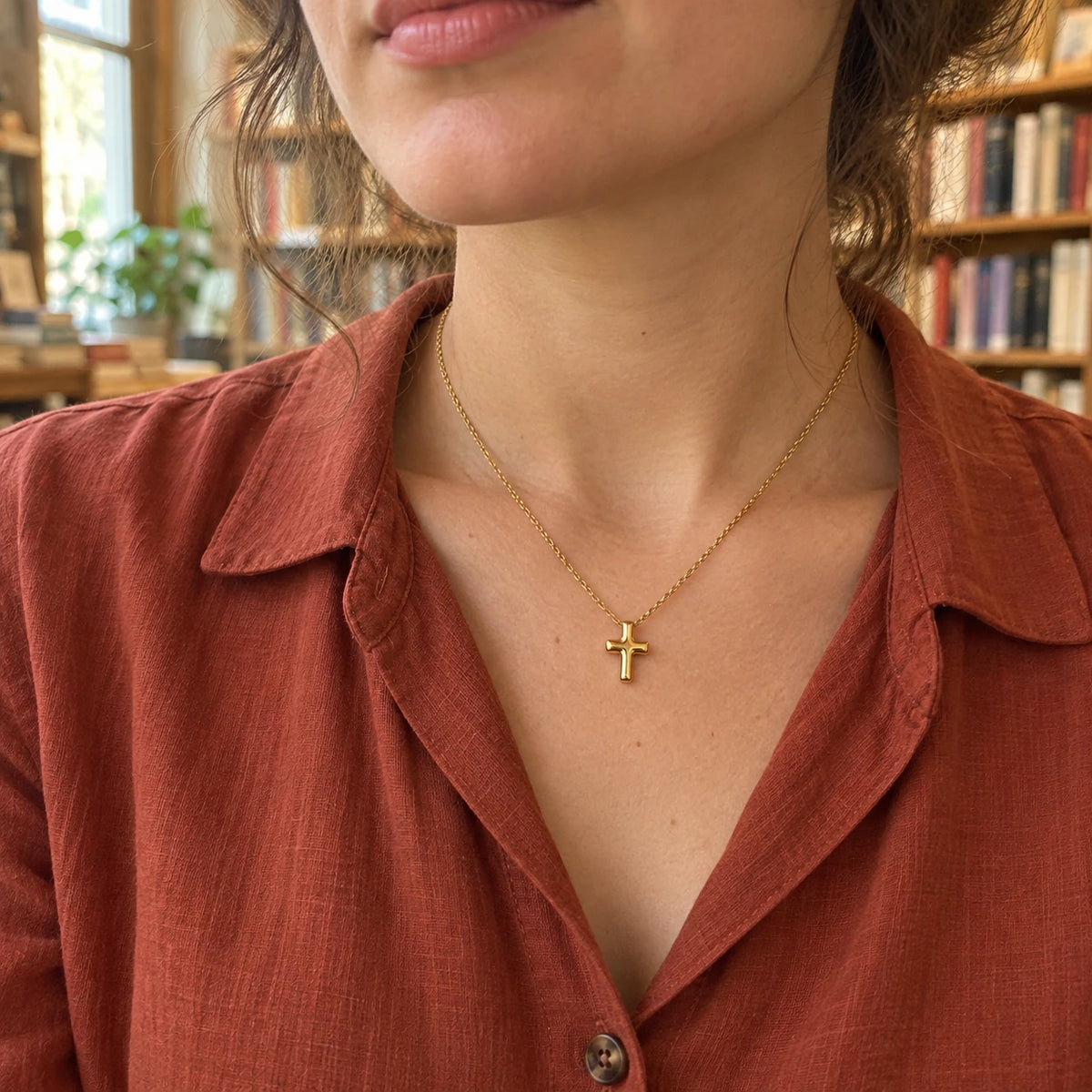 The Bold Cross Necklace worn, first-person view