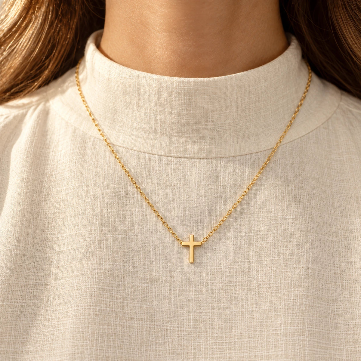 The Classic Cross Necklace worn, gold-plated stainless steel