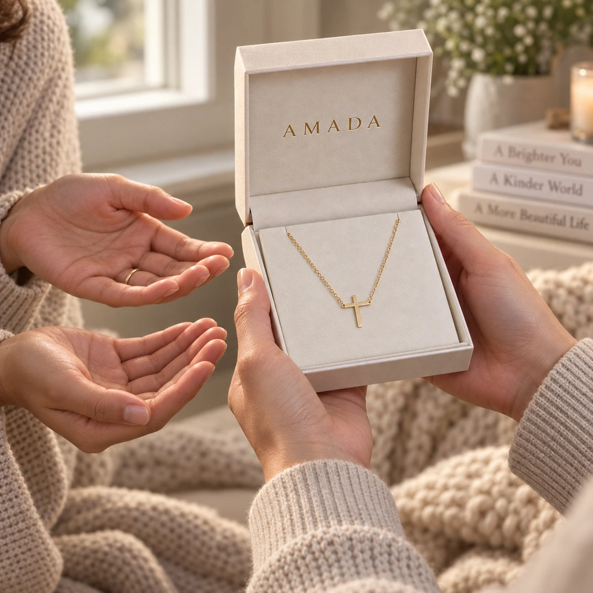 The Classic Cross Necklace presented in an Amada box