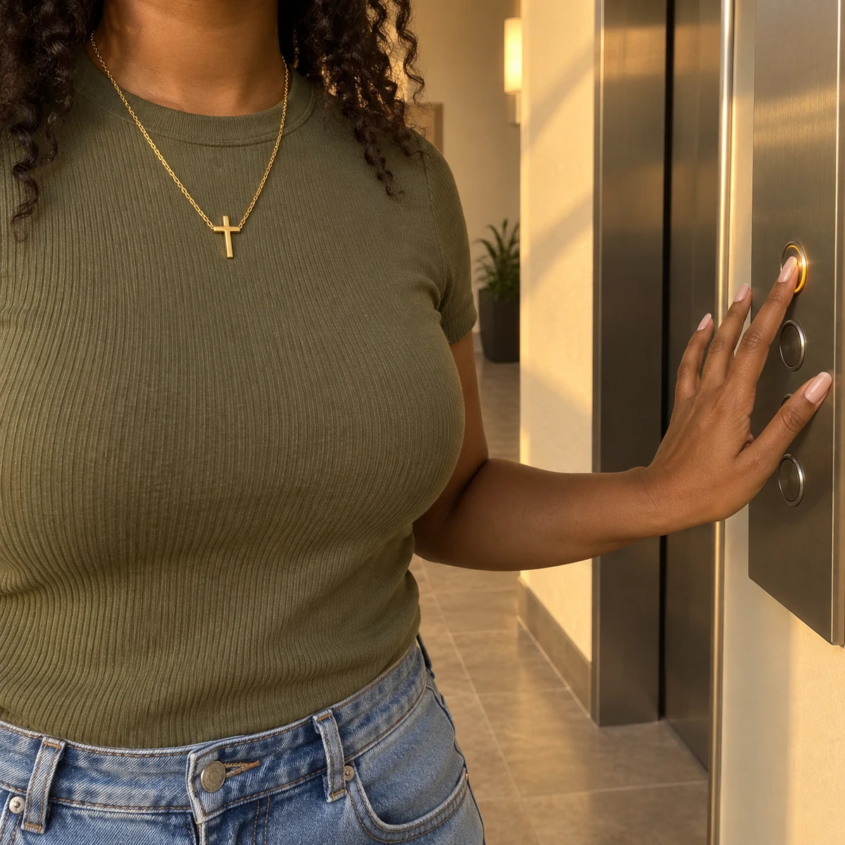 The Classic Cross Necklace worn, first-person view
