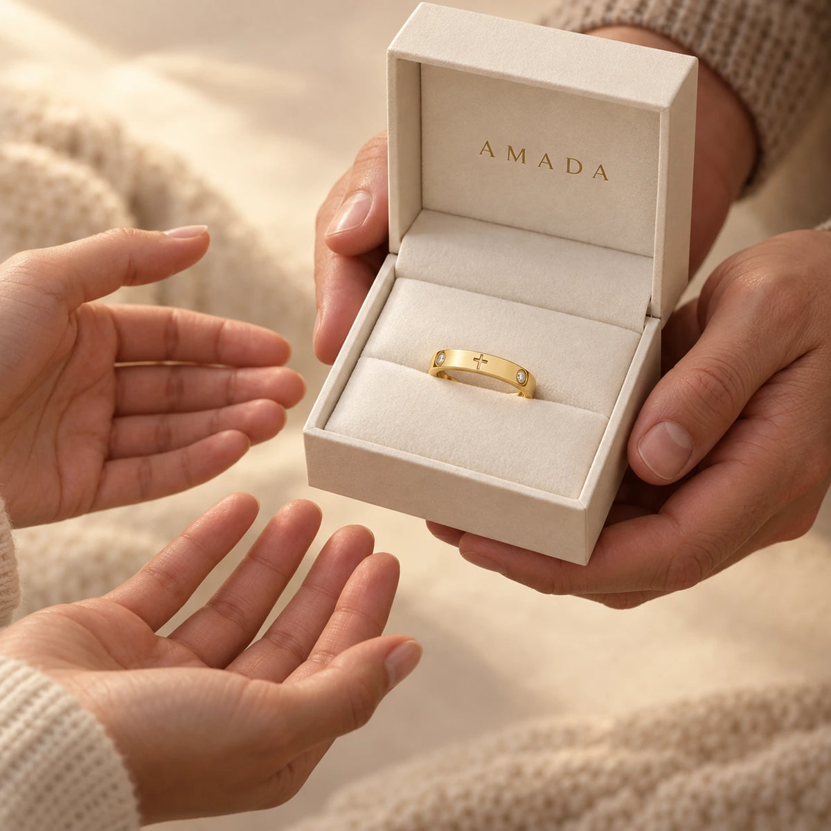 The Cross Ring presented in an Amada box