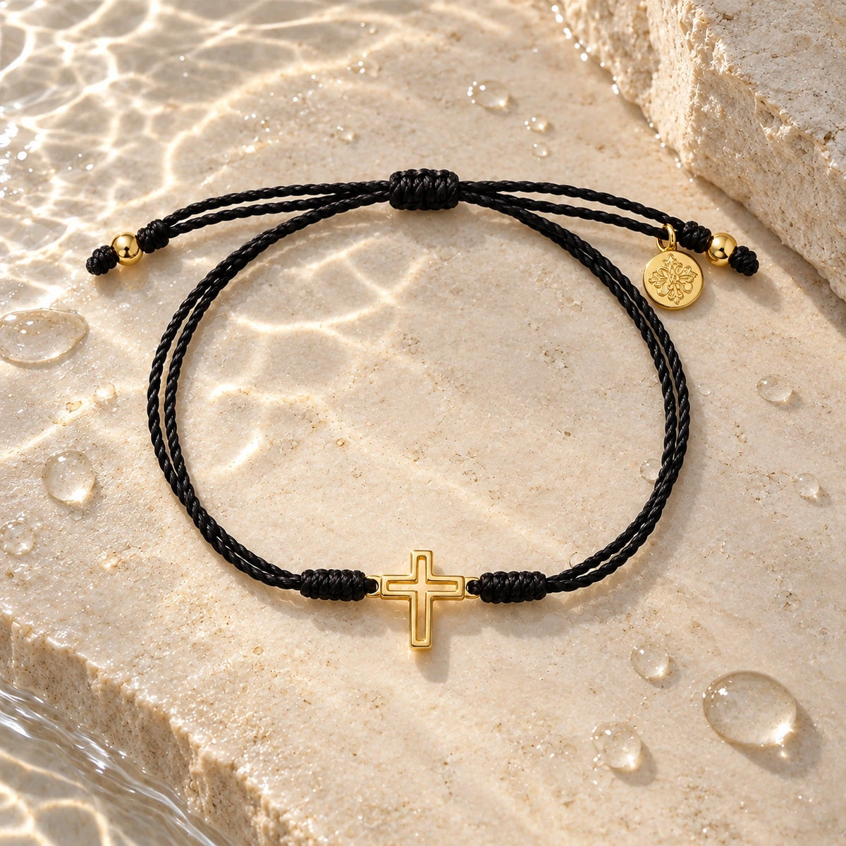 The Faith Bracelet with water droplets on stone