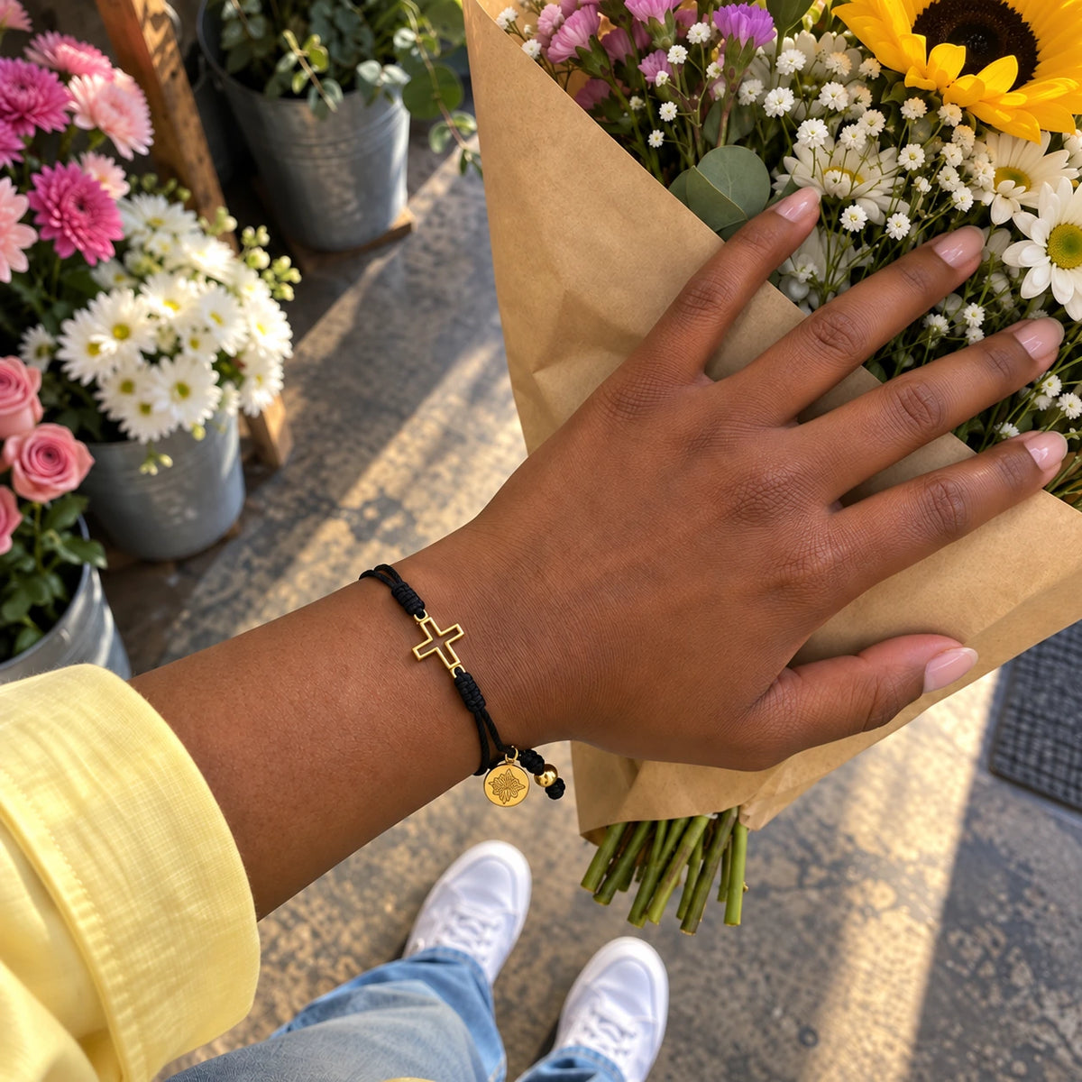 The Faith Bracelet worn, first-person view