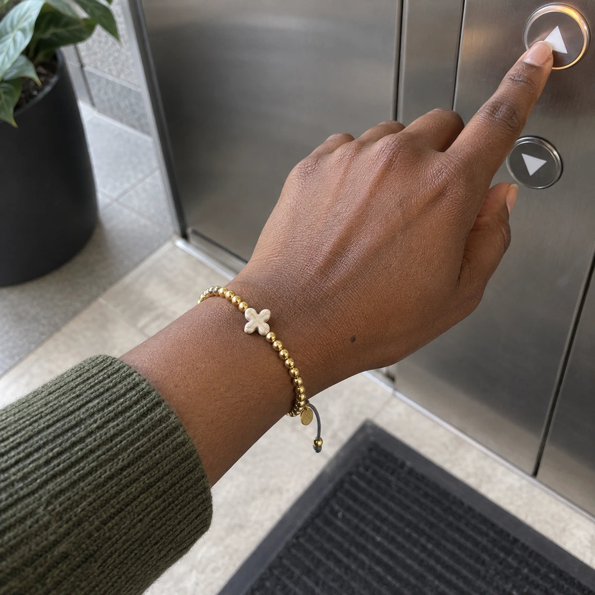 The Prayer Bracelet worn, first-person view