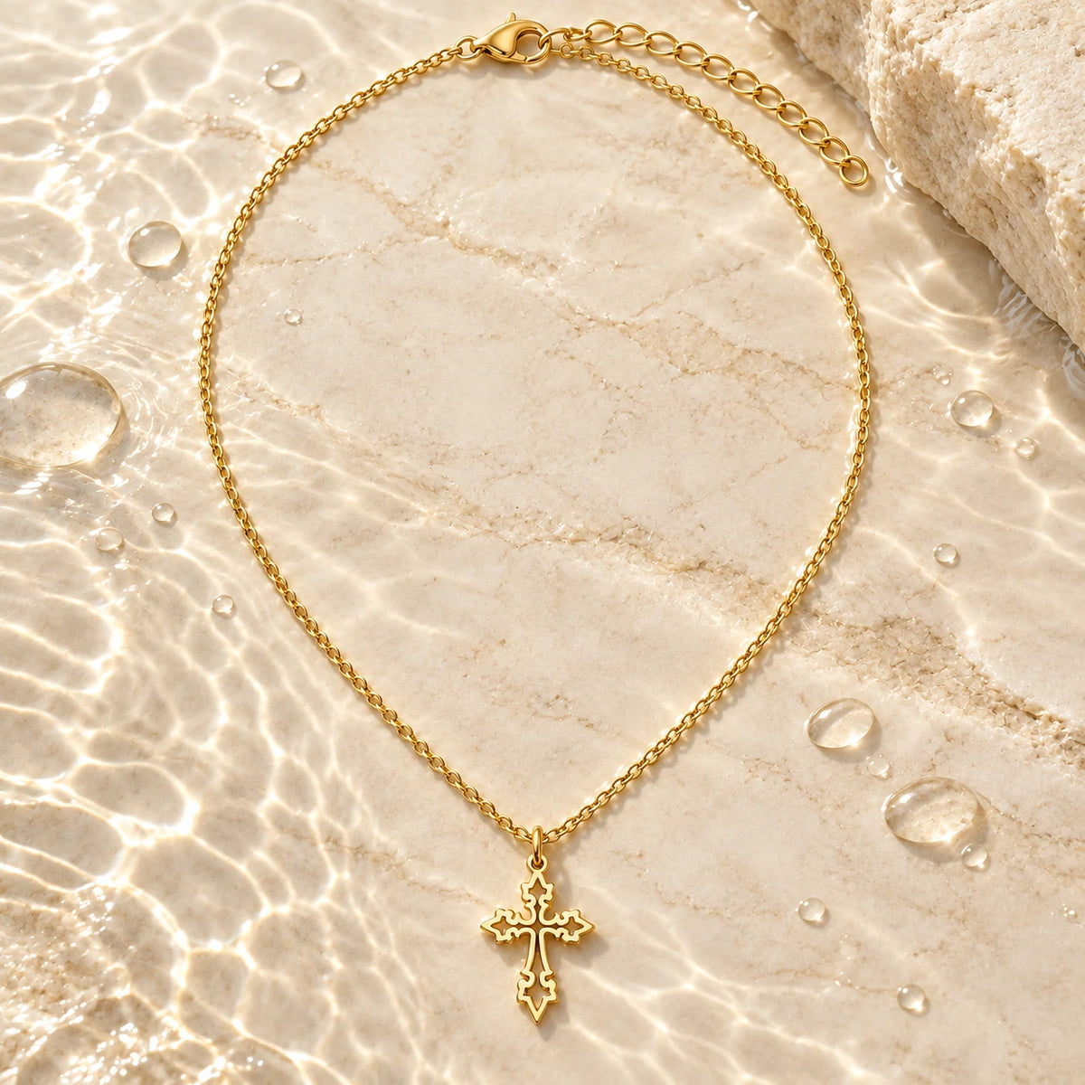 Vintage Cross Necklace with water droplets on stone