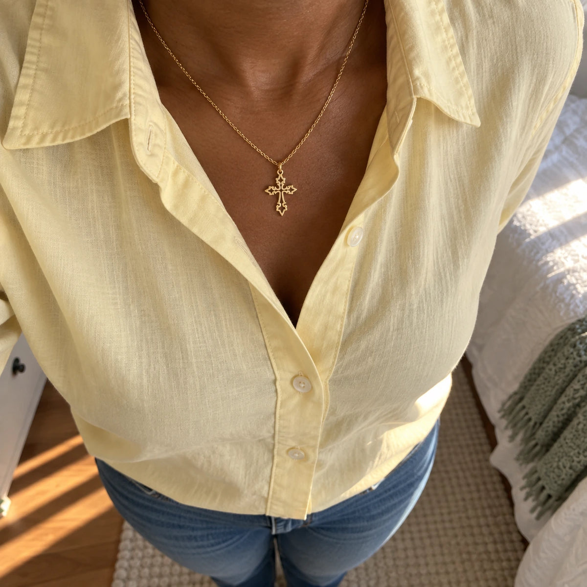 Vintage Cross Necklace worn, first-person view