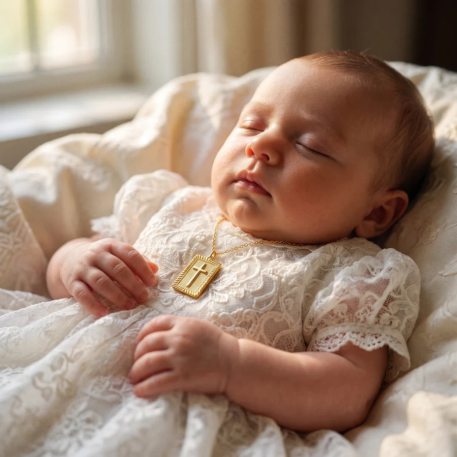 First Blessing, a sealed 18K gold pendant necklace, a keepsake gift for baptism