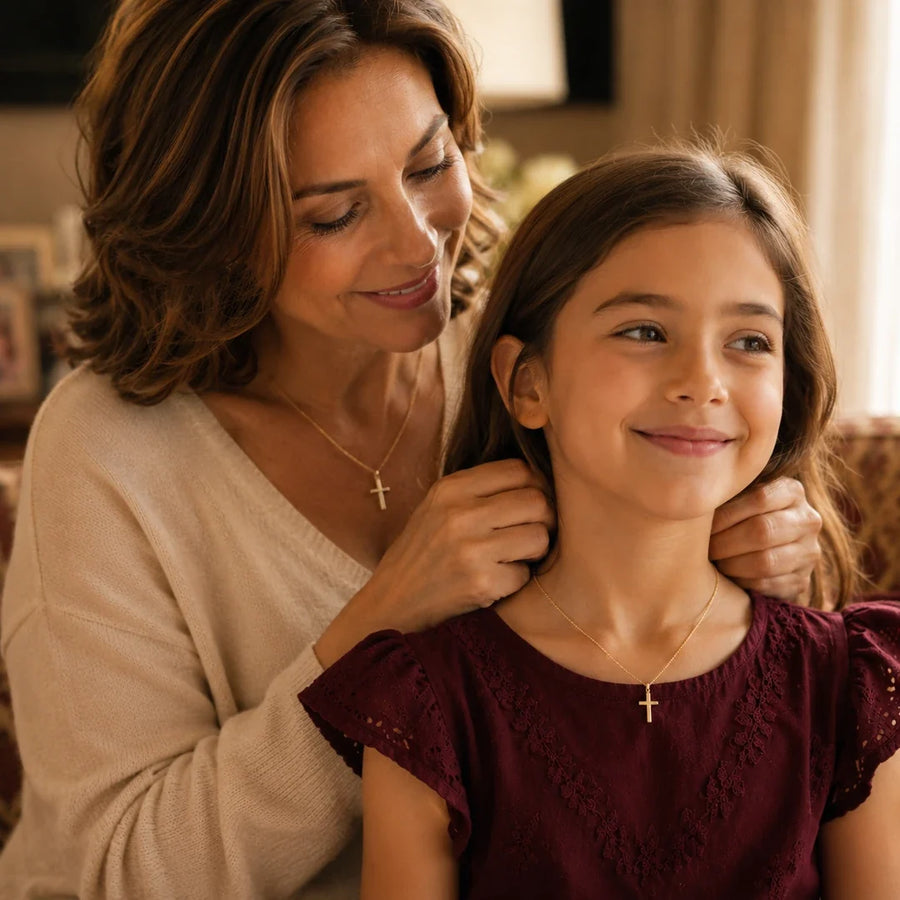 Godmother & Me, two matching sealed 18K gold cross necklaces, a keepsake gift for godmother and goddaughter