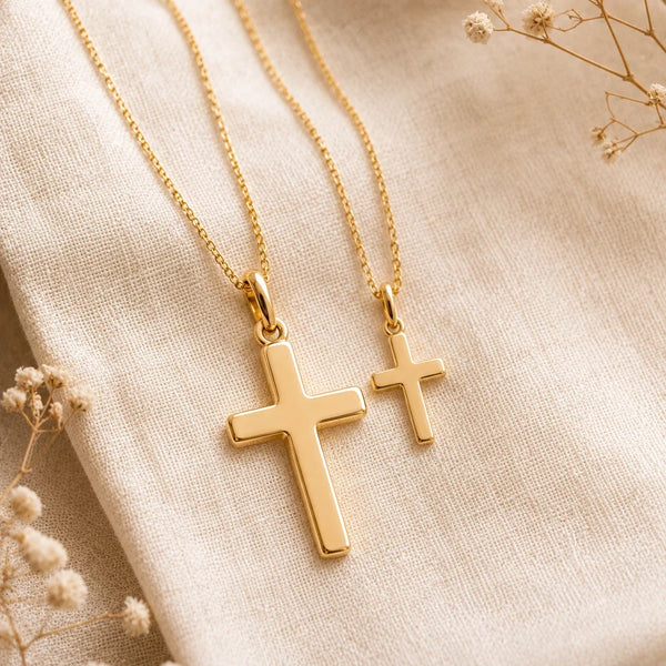 Godmother & Me, two matching sealed 18K gold cross necklaces, a keepsake gift for godmother and goddaughter