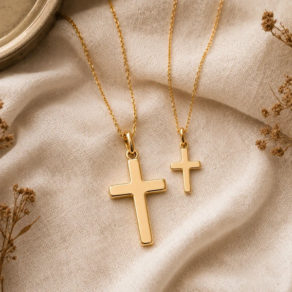 Godmother & Me, two matching sealed 18K gold cross necklaces, a keepsake gift for godmother and goddaughter