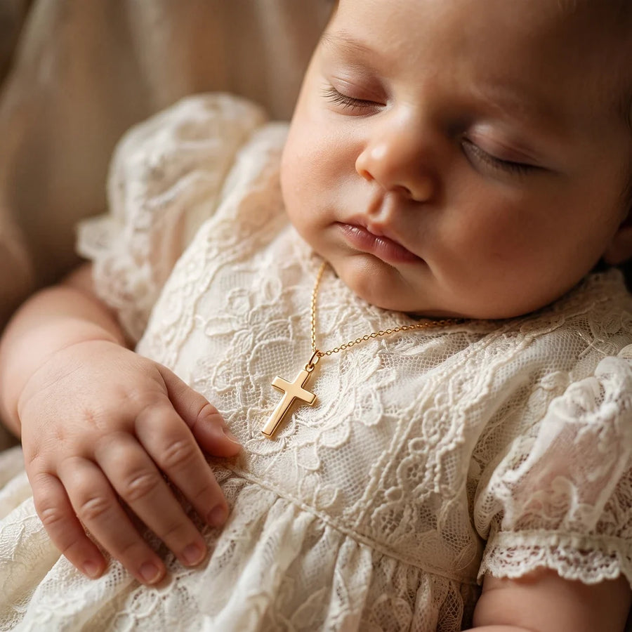 Guardian Cross, a sealed 18K gold cross pendant necklace, a keepsake gift for baptism