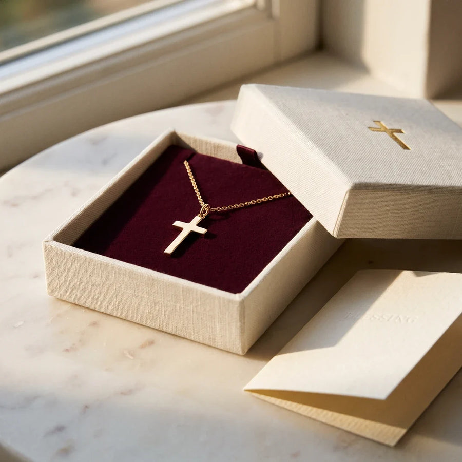 Guardian Cross, a sealed 18K gold cross pendant necklace, a keepsake gift for baptism
