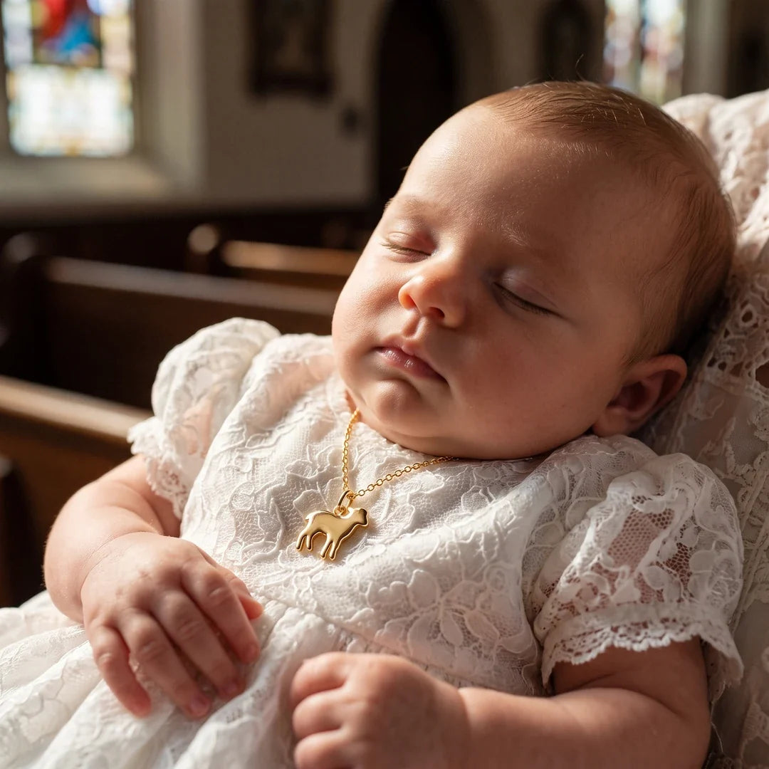 Little Lamb, a sealed 18K gold lamb pendant necklace, a keepsake gift for baptism
