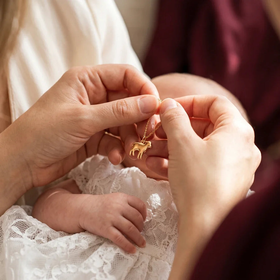 Little Lamb, a sealed 18K gold lamb pendant necklace, a keepsake gift for baptism
