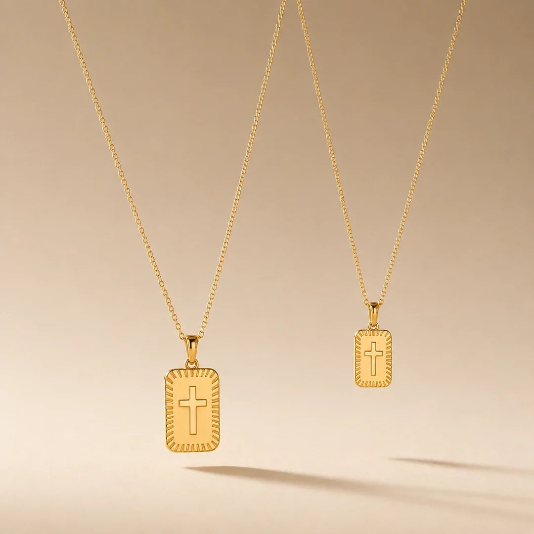 Mother & Daughter, two matching sealed 18K gold necklaces, on a plain background