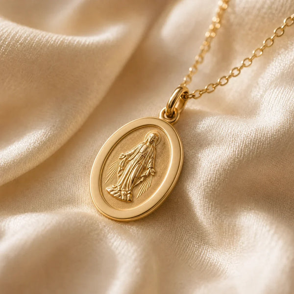 Our Lady Watches, a sealed 18K gold Our Lady medal necklace, a keepsake gift for protection