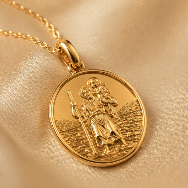 Safe Travels, a sealed 18K gold St. Christopher medal necklace, a keepsake gift for safe travels