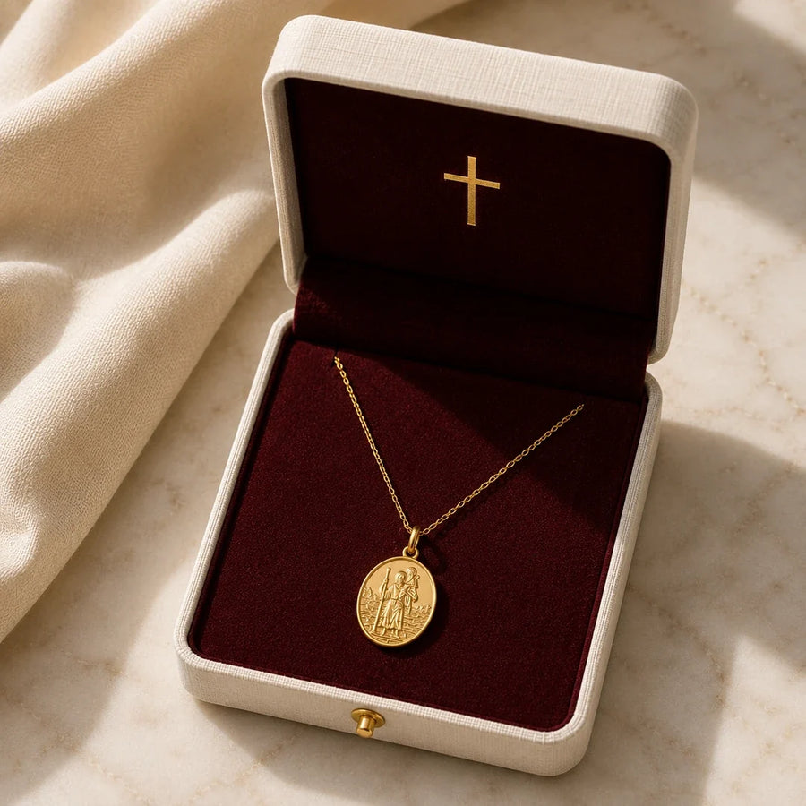 Safe Travels, a sealed 18K gold St. Christopher medal necklace, a keepsake gift for safe travels